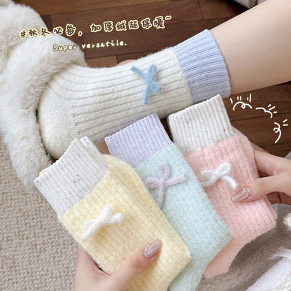 蝴蝶结澳绒袜子女撞色点子纱中筒袜彩色保暖冬天加绒加厚毛绒袜
