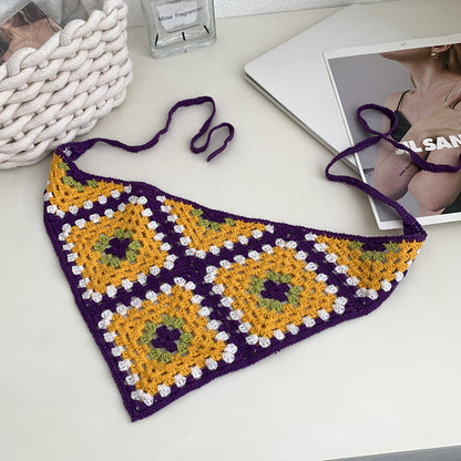 Scarvii crochet square hairband laid flat highlighting its square shape