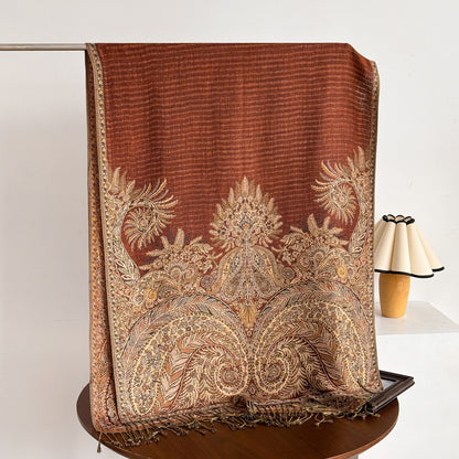 Scarvii paisley tassel scarf styled with neutral outfit on model