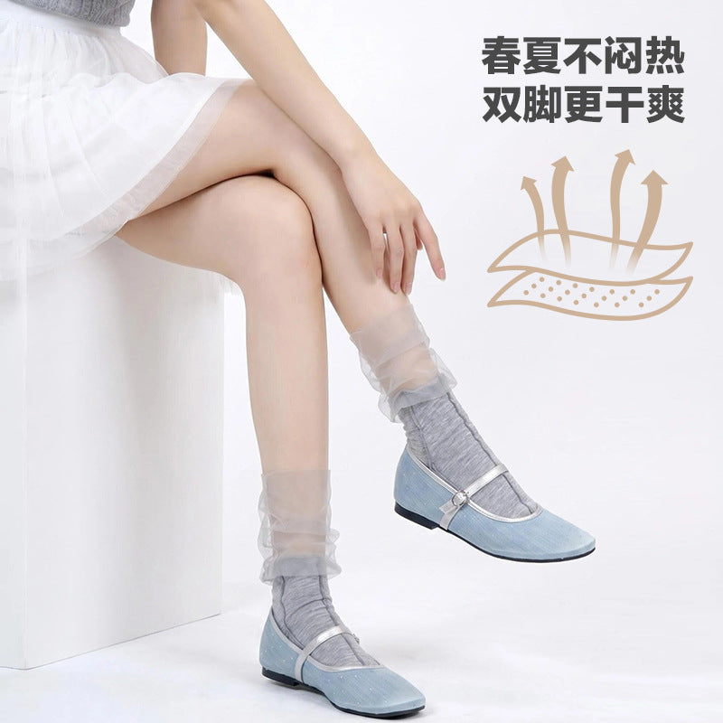 Rufia - Gathered Sheer Mesh Mid-Calf Socks