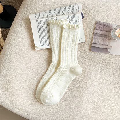 木耳边袜子女中筒袜秋冬季加厚保暖羊毛袜可爱花边简约纯色堆堆袜