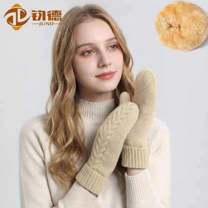 新款包套手套女士秋冬季双层加绒加厚保暖防寒针织手套连指手套
