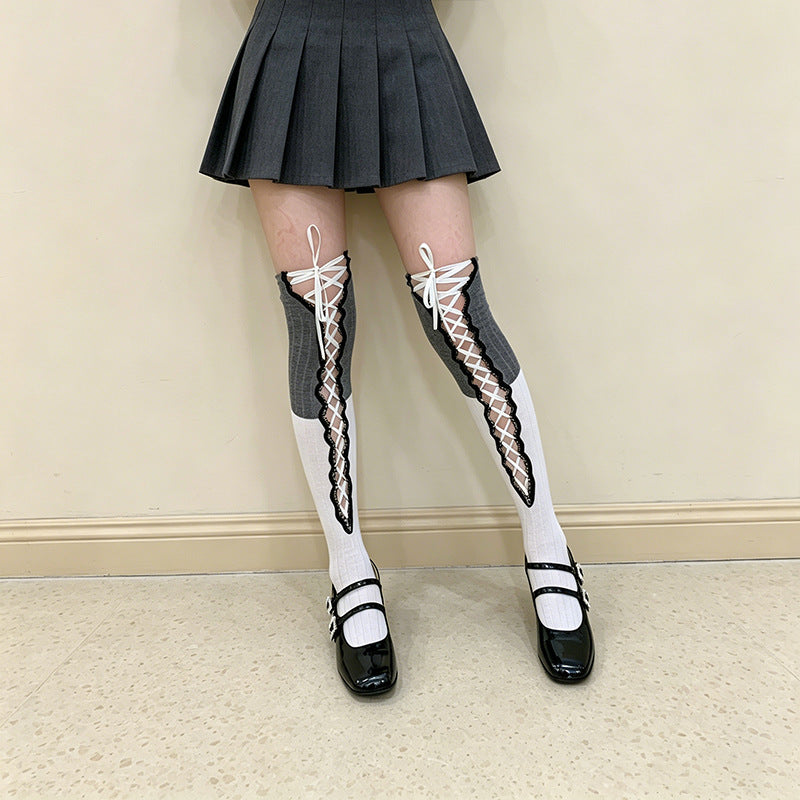 Product image for Rufia - Color-Blocked Panels Over-The-Knee Socks (Gray / White)