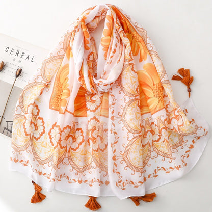 复古黄色花卉民族风印花流苏围巾带木珠创意装饰丝巾旅游防晒披肩