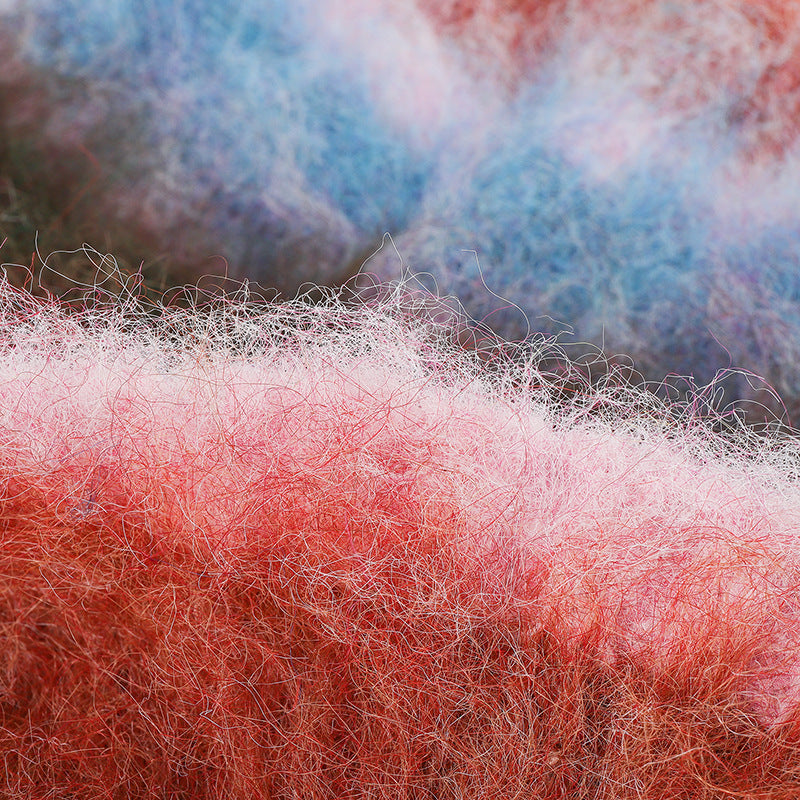 Red fuzzy multicolor striped cuffed beanie product view