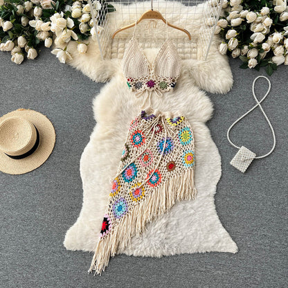 Crosa Bohemian Knitted Open-Knit Crochet Top and Skirt showing knit texture