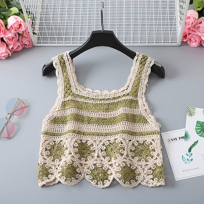 Vintage Floral Crochet Openwork Vest with floral motif and color block detail