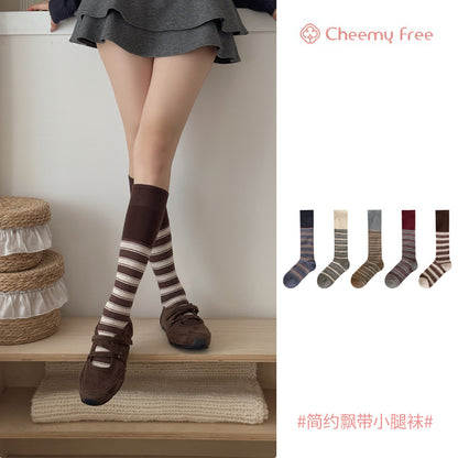 CHEEMYFREE秋冬保暖复古文艺撞色拼条中长筒小腿女袜显瘦小腿女袜