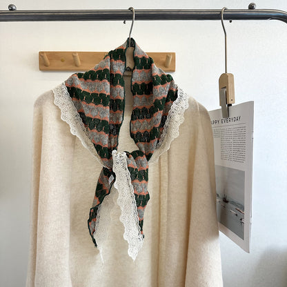 Product image for Scarvii - Triangle Scarf White Scalloped Lace Edging Scarf (Green / Orange)