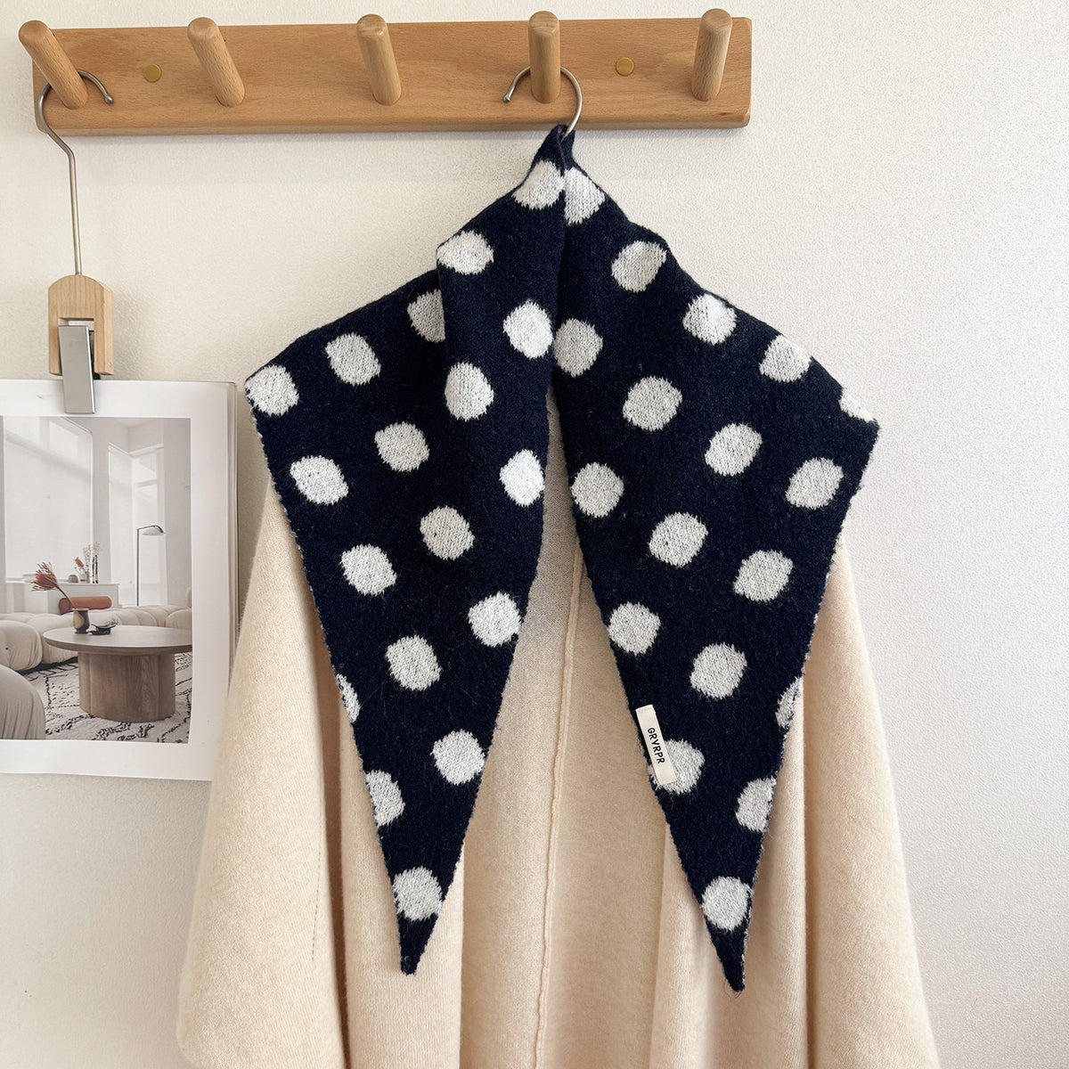 Product image for Scarvii - Fuzzy Polka Dot Triangle Scarf (Navy)