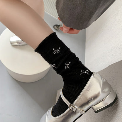 烫钻袜子女士夏季网眼薄款堆堆袜ins韩国东大门水钻蝴蝶结中筒袜