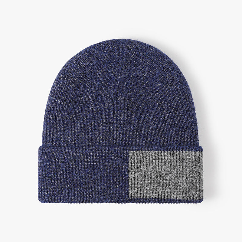 Navy faux fur-lined contrast patch knit beanie product view