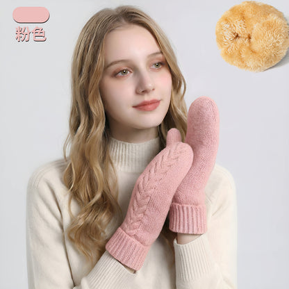 新款包套手套女士秋冬季双层加绒加厚保暖防寒针织手套连指手套