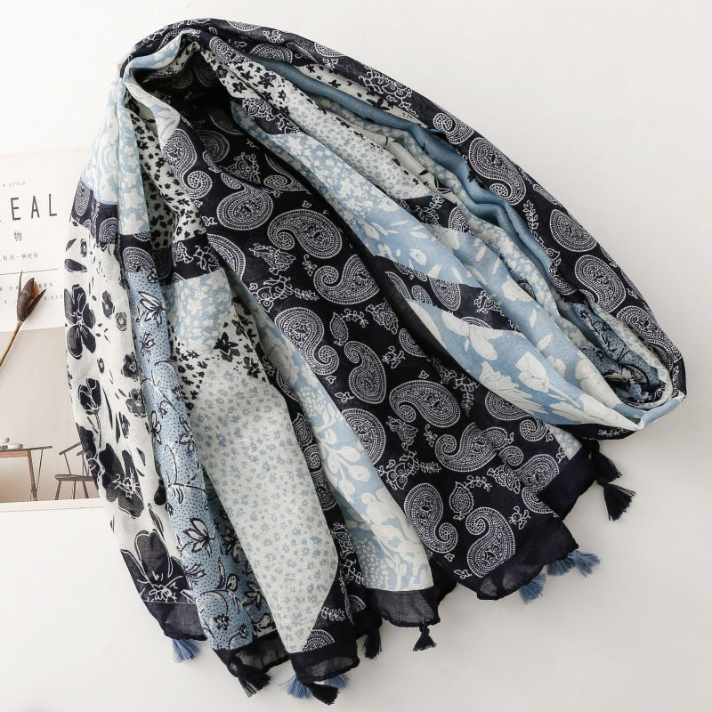 Paisley Blue Patchwork Paisley Tassel Wrap Scarf, product detail view