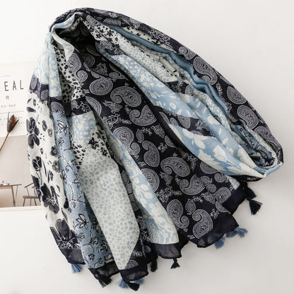 Paisley Blue Patchwork Paisley Tassel Wrap Scarf, product detail view