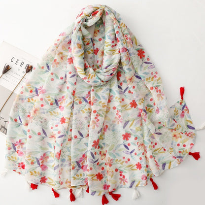Spring Meadow Floral Tassel Wrap Scarf, draped front view