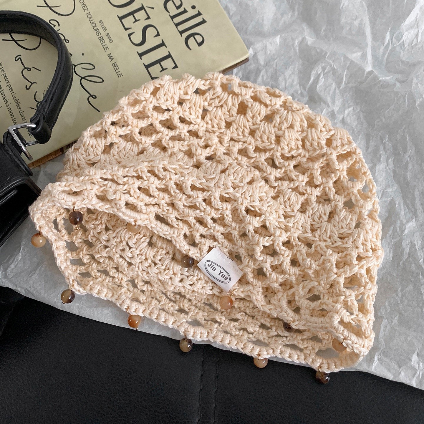 Haila - Solid Color Openwork Bead Charm Beanie