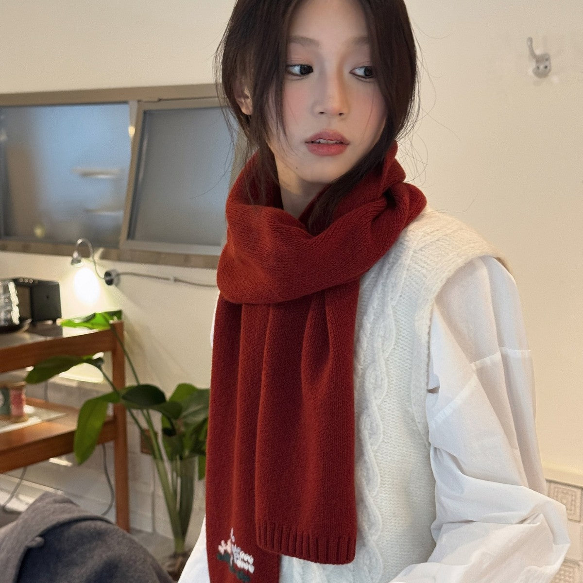 新款秋冬100%羊毛韩版针织羊毛小花朵围巾女保暖毛线加厚刺绣围脖