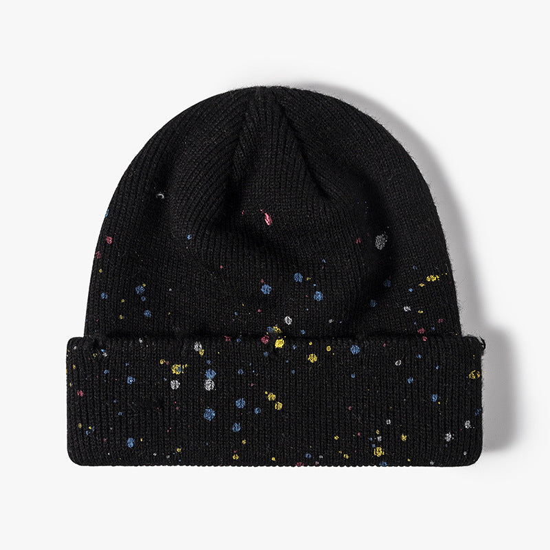 Black paint splatter cuffed knit beanie product view