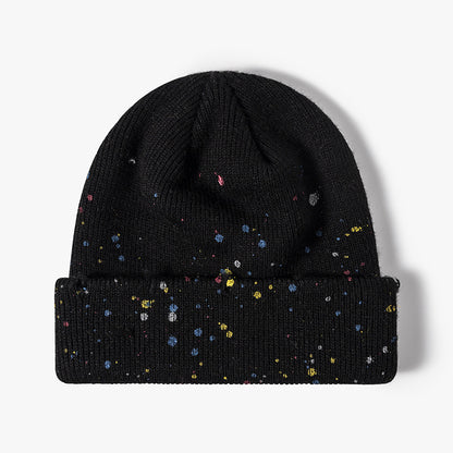 Black paint splatter cuffed knit beanie product view