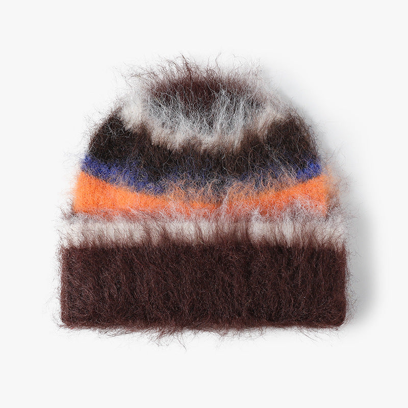 Brown fuzzy multicolor striped cuffed beanie product view
