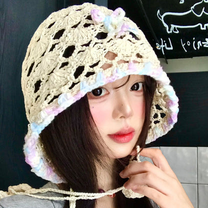 手工编织蝴蝶结流苏镂空包头帽女夏季薄款显脸小哲针织套头帽子