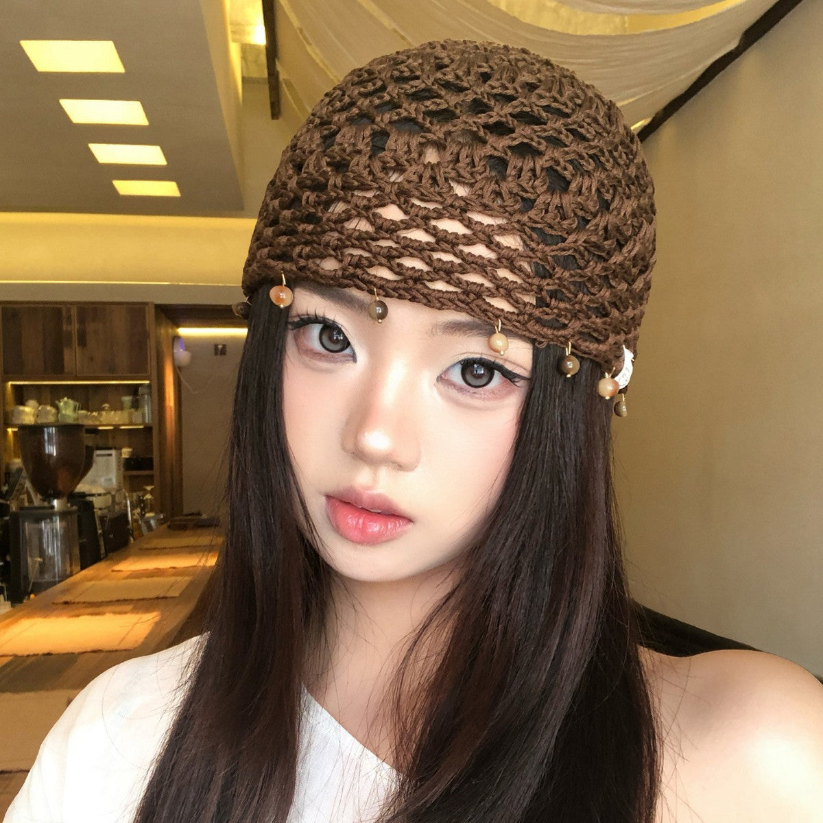 Haila - Solid Color Openwork Bead Charm Beanie