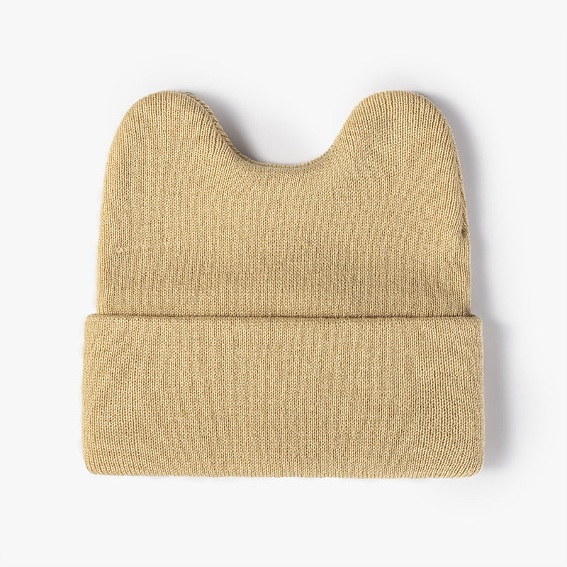 Beige rounded ear cuffed knit beanie product view