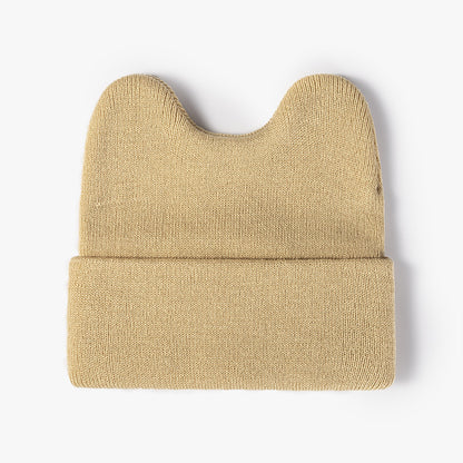 Beige rounded ear cuffed knit beanie product view