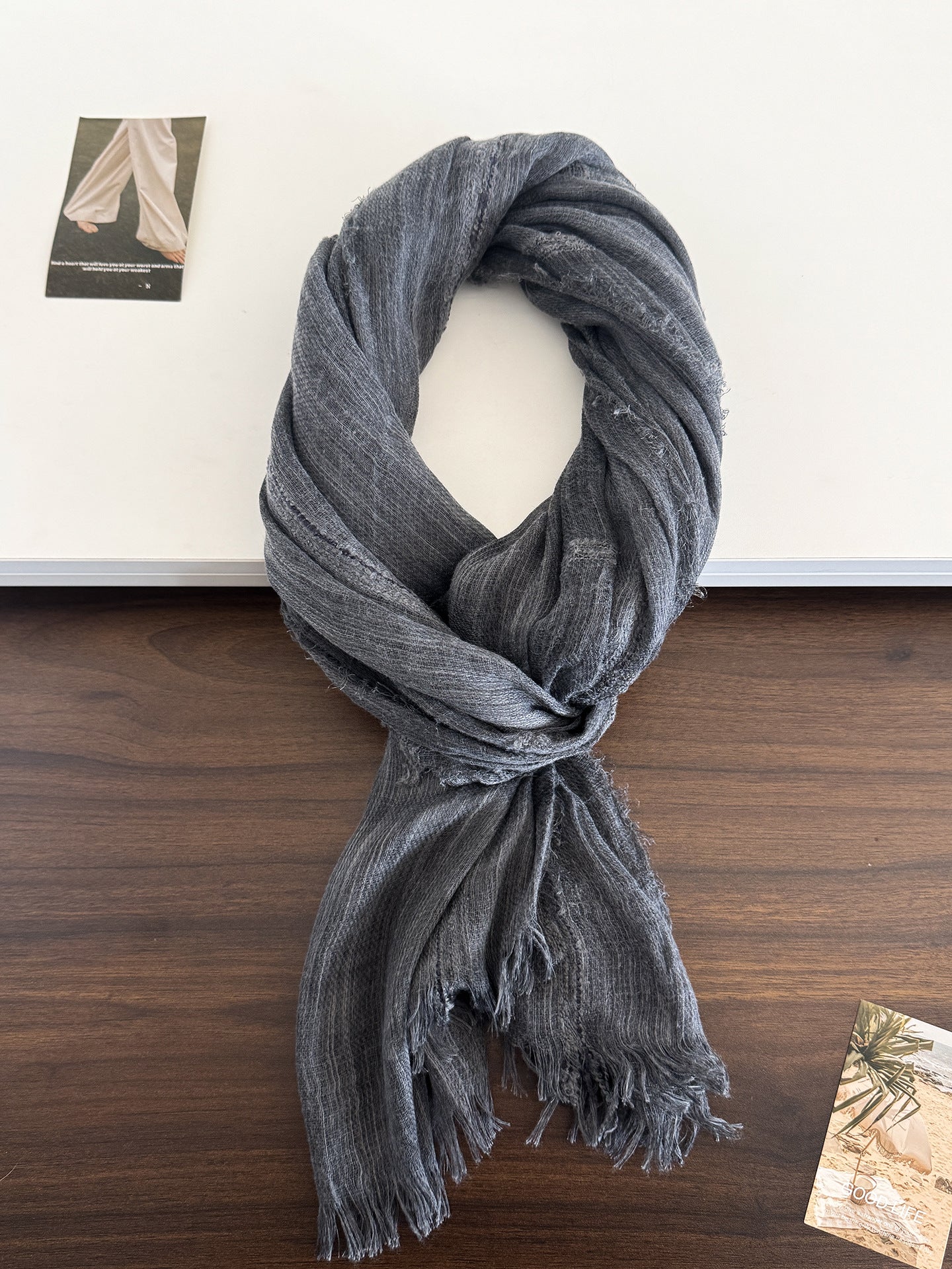 Product image for Scarvii - Gauzy Openwork Stripe Fringed Scarf (Dark Gray)