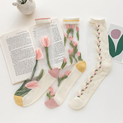 Close-up of Rufia crew socks showing detailed mesh tulip pattern in soft colors