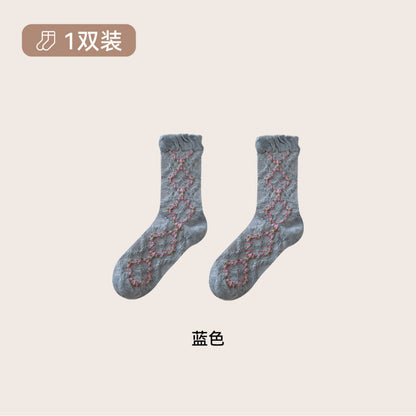 远润家秋冬复古森系立体浮雕花边中筒袜子女森系无骨堆堆棉袜