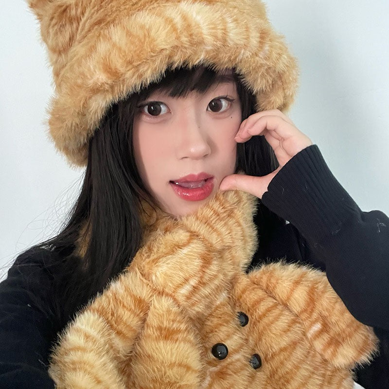 2024新款毛茸茸可爱小熊豹纹渔夫帽子女冬季加厚保暖卡通围巾围脖