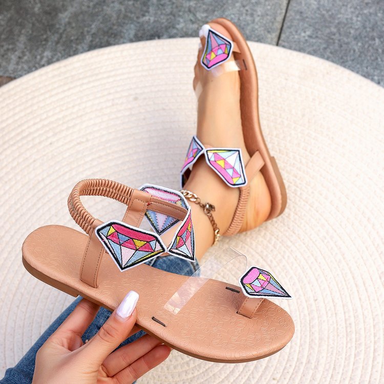 Flat Toe-Loop Colorful Sandals with Diamond Embroidery