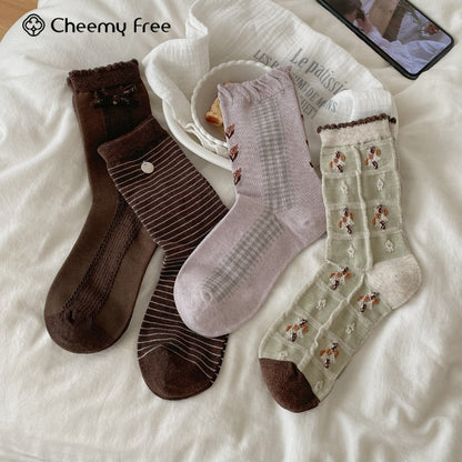 CHEEMY FREE秋冬新复古日系花边蝴蝶结中筒袜子女立体花堆堆女袜