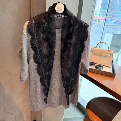 Scarvii - Floral Sheer Lace Triangle Scarf