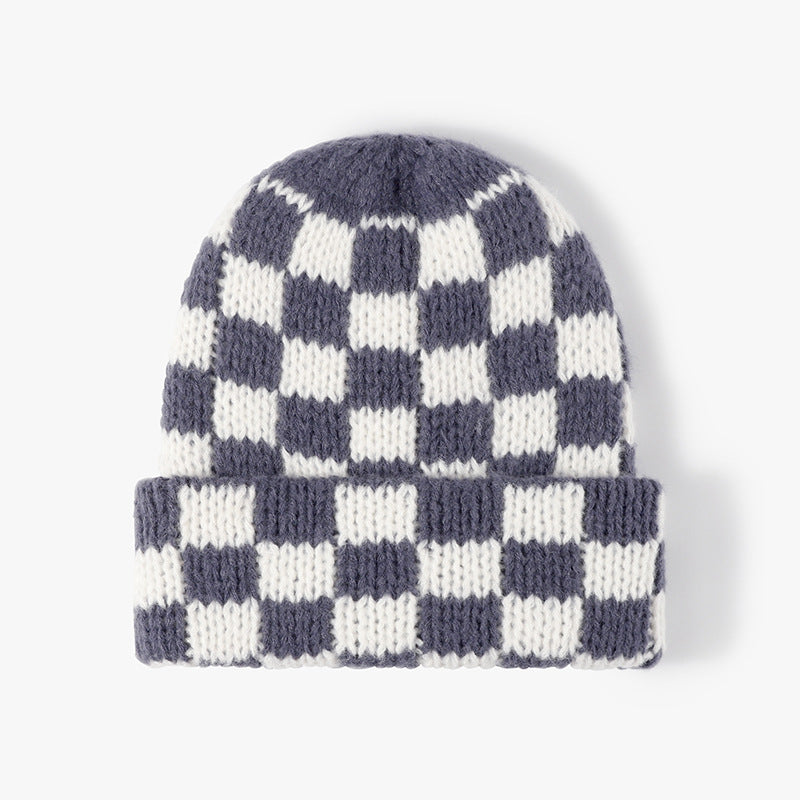 Gray Blue checkerboard knit cuffed beanie