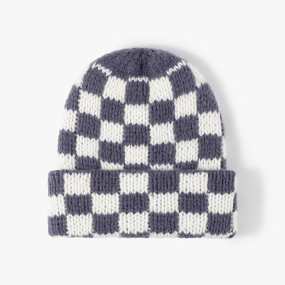 Gray Blue checkerboard knit cuffed beanie