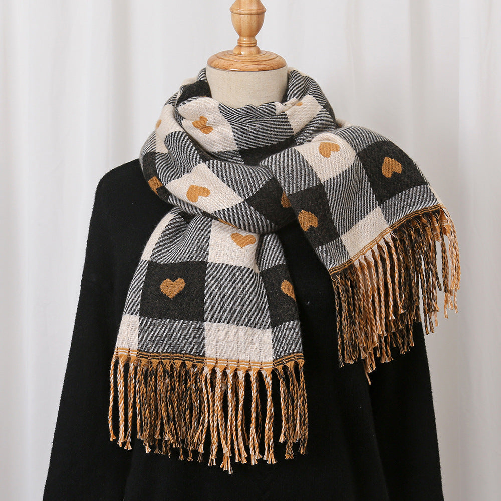 Scarvii - Heart Print Plaid Winter Scarf