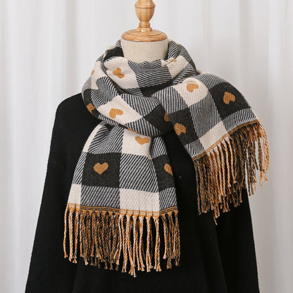 Scarvii - Heart Print Plaid Winter Scarf