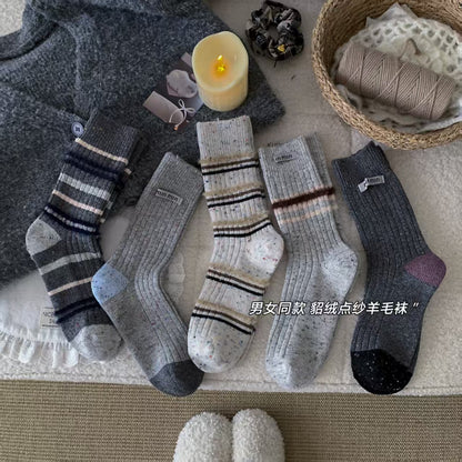 点子纱貂绒条纹羊毛袜子男女款秋冬加厚保暖miu系撞色布标堆堆袜