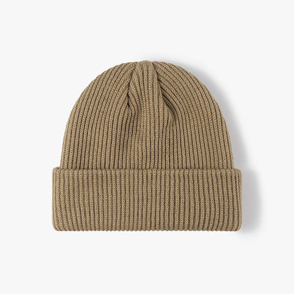 Beige solid ribbed cuffed acrylic knit beanie product view