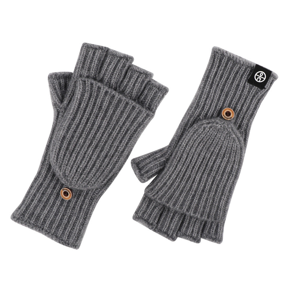 针织翻盖手套冬季保暖半指手套学生写字加厚防寒毛线触屏露指手套