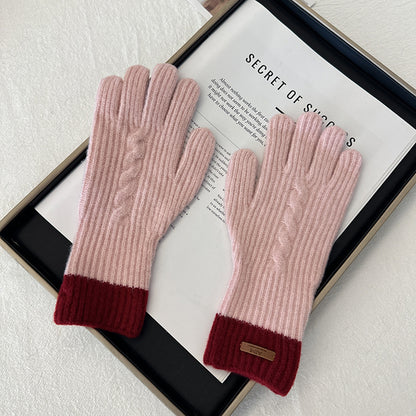 Product image for Gloving - Cable-Knit Braid Motif Ribbed Knit Gloves (Burgundy Cuff)