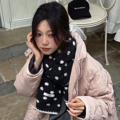 新款百搭系黑白波点羊毛混纺针织围巾女韩版文艺风复古围脖披肩