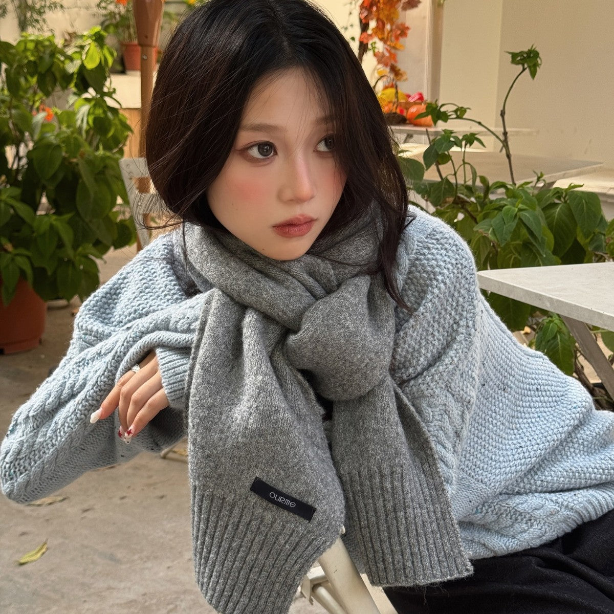 韩版ins时尚百搭羊毛混纺围巾女秋冬季新款加厚保暖围脖学生纯色