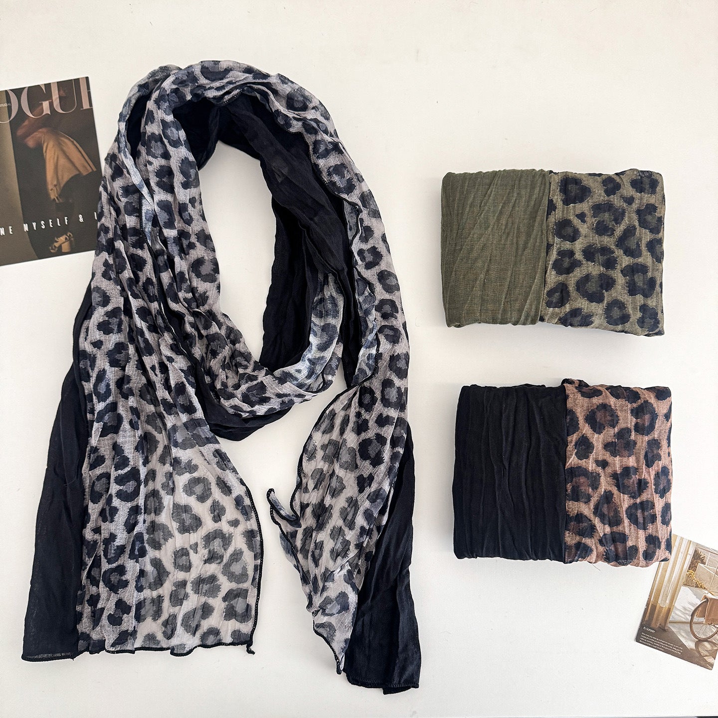 Scarvii - Crinkled Leopard Print Long Rectangular Scarf