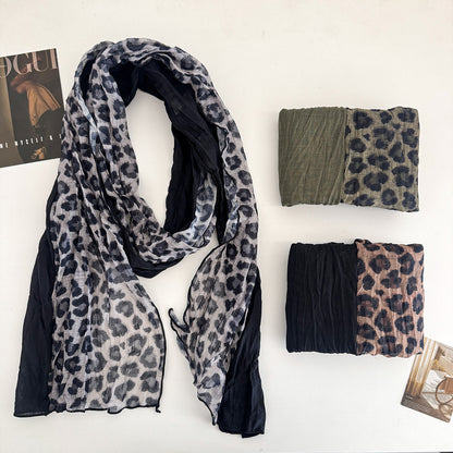 Scarvii - Crinkled Leopard Print Long Rectangular Scarf