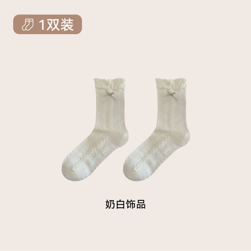 远润家秋冬新款复古森系肌理中筒袜子女百搭花边无骨堆堆袜