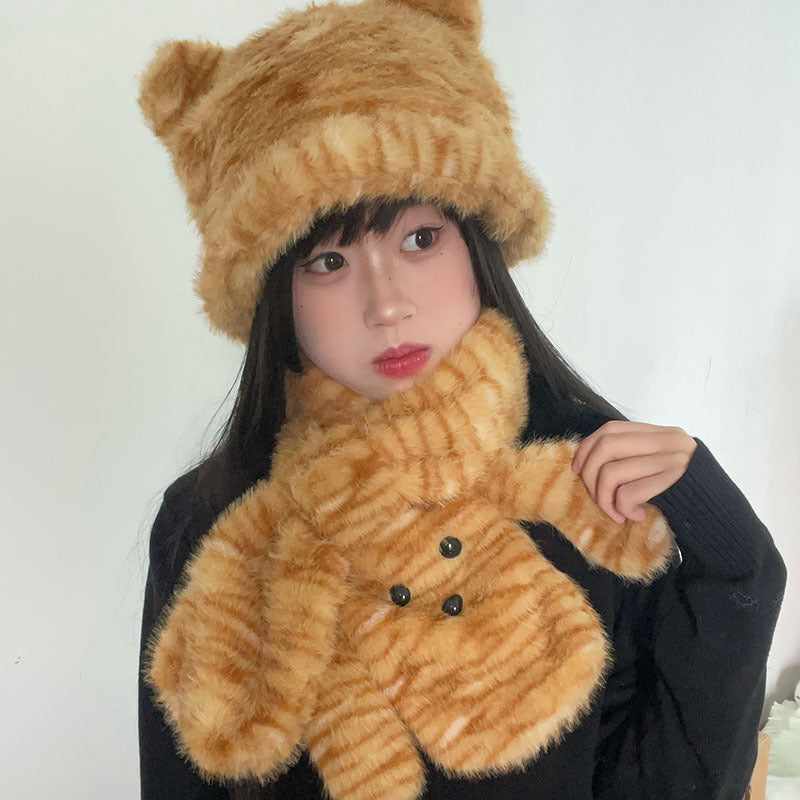 2024新款毛茸茸可爱小熊豹纹渔夫帽子女冬季加厚保暖卡通围巾围脖